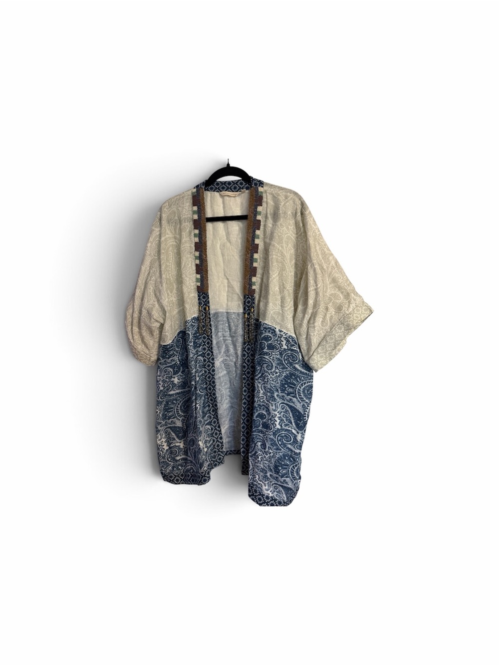 Soft Surroundings Cream and Indigo Floral Trim Beaded Kimono
